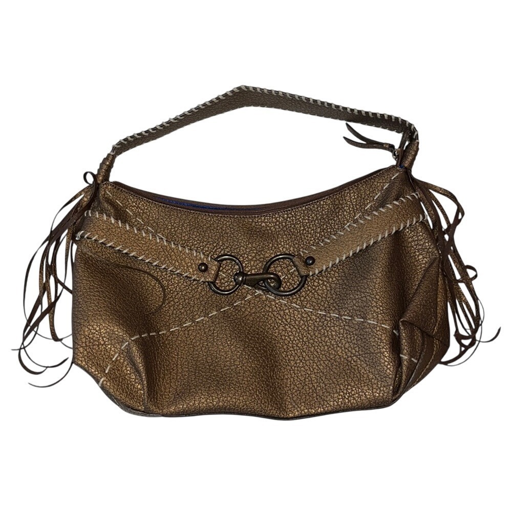 Nine West Shoulder Bag Women Medium Bronze Metallic Fringe Whipstitch Boho Hobo